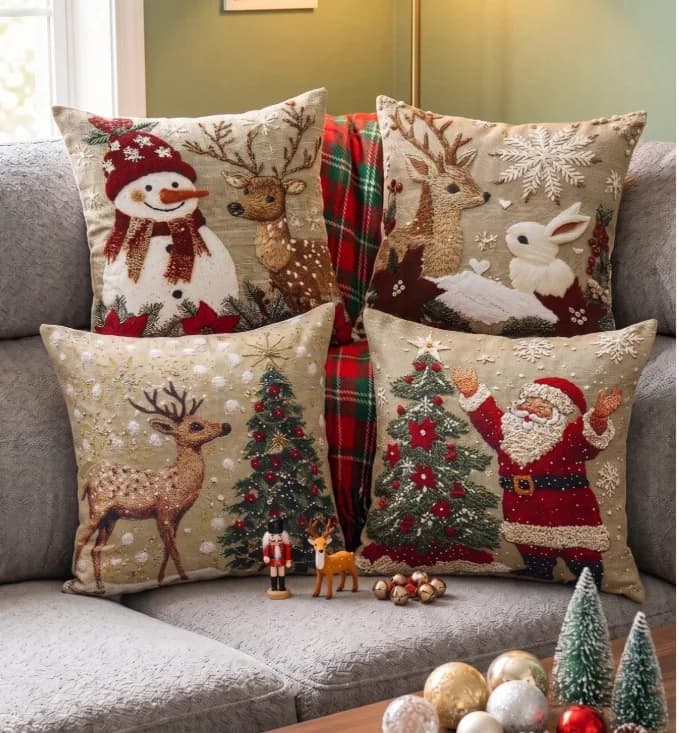 Juego de 4 Fundas de Almohada Navideñas Color Caqui